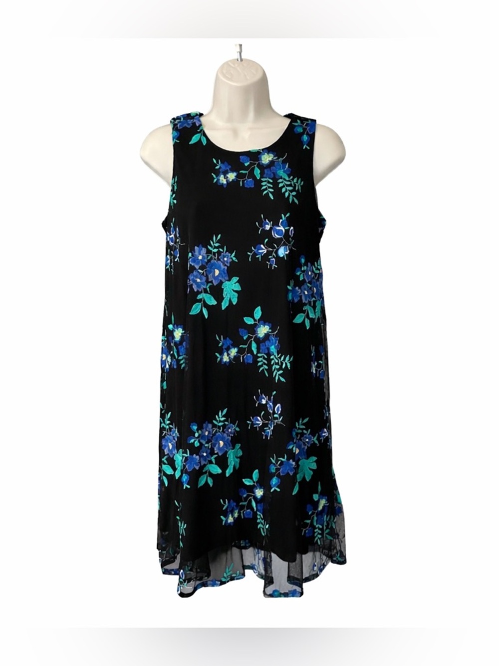 Charter Club Black Blue Floral Embroidered Shift Dress Petite PL Lined